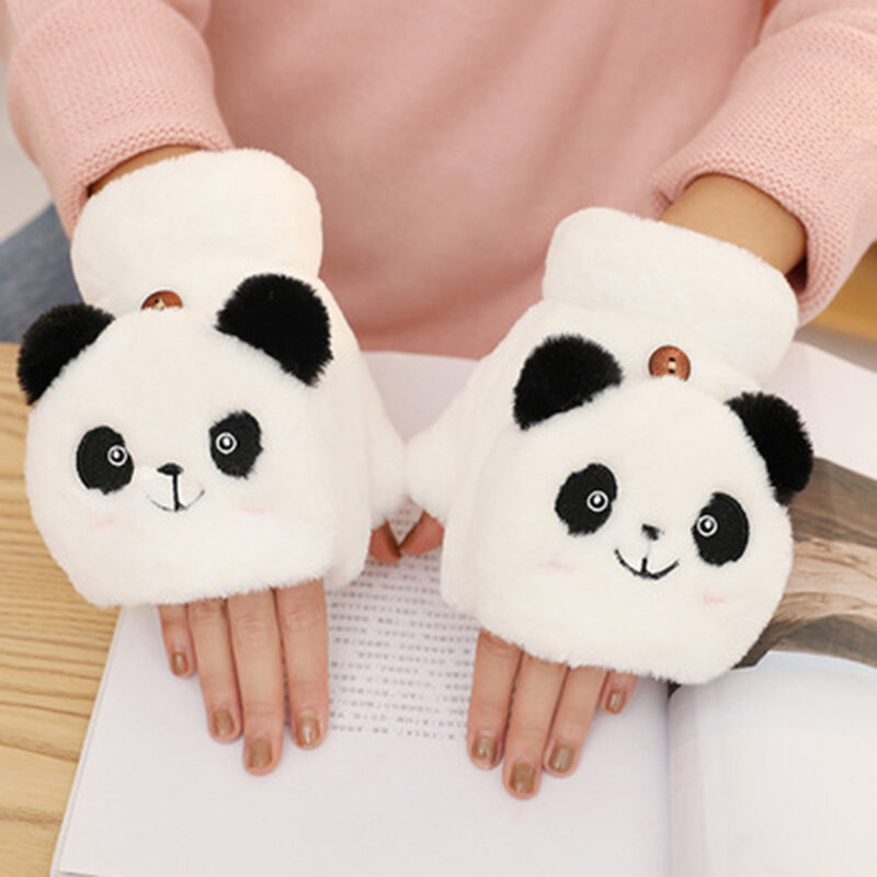 Aksesori Wanita Sarung Tangan Layar Sentuh Sarung Tangan Flip Setengah Jari Panda Kartun Kasmir Sarung Tangan Pelindung Dingin Hangat E21