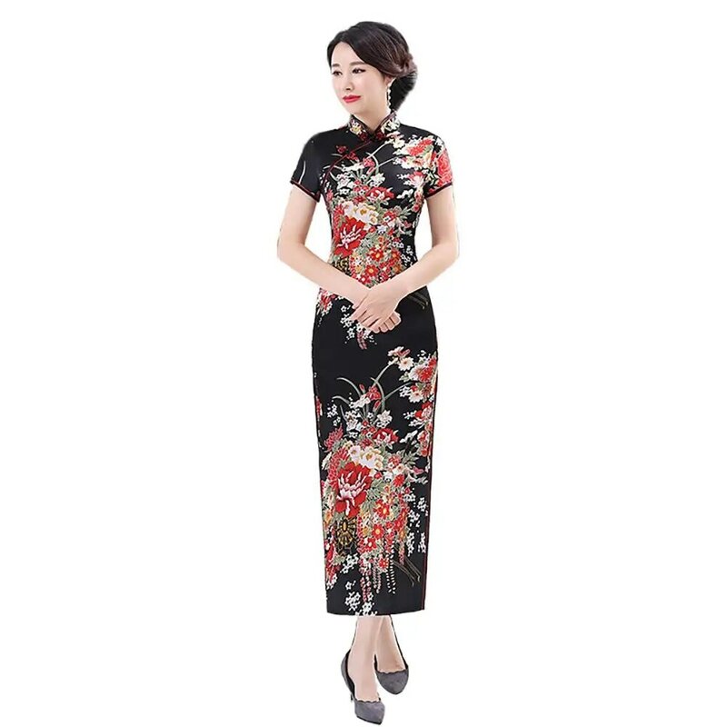 Kobiety chiński z krótkim rękawem kwiatowy Print brokat Cheongsam bankiet Midi sukienka tradycyjna chińska odzież