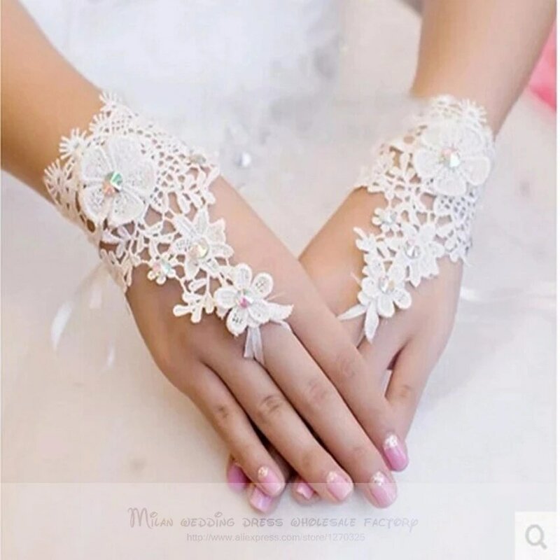 Sarung tangan pernikahan renda pendek wanita, Aksesori hadiah pesta pengantin panjang pergelangan tangan tanpa jari
