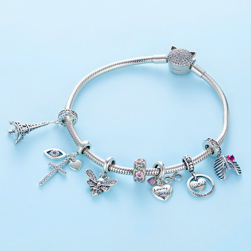 WOSTU 925 Sterling Silver Animal Cat Charm Pendant Heart Family Ladybug Bee Beads Fit Original Bracelet DIY Jewelry For Women