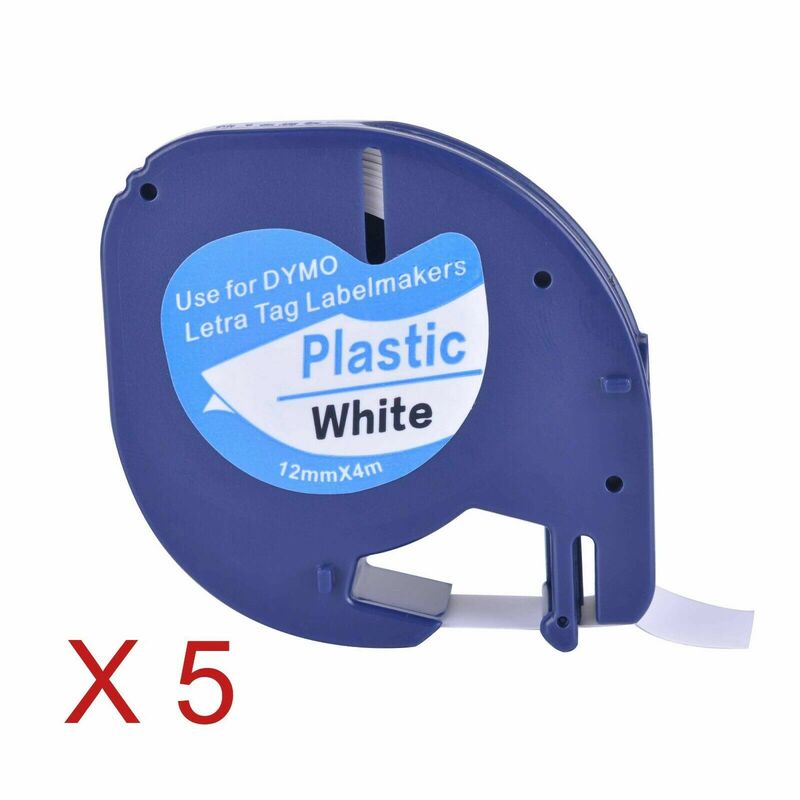 5 Compatible Dymo LetraTag 91201 Black on White (12mm x 4m) Plastic Label Tapes 91331 91221 59422 S0721660
