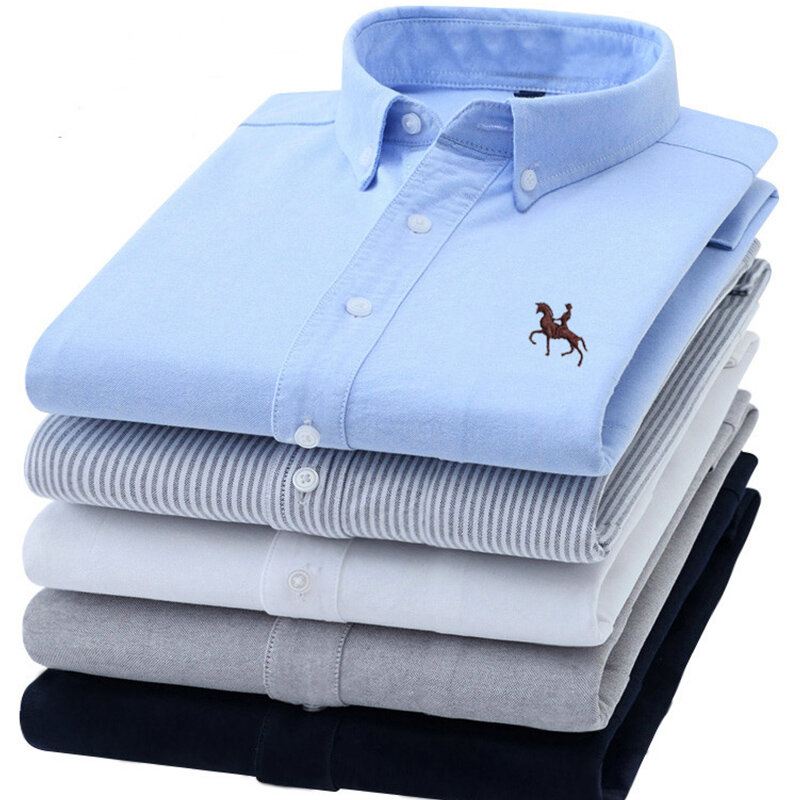 Camisa Oxford de algodão para homens, manga comprida, xadrez, listrada, camisas casuais, bolso masculino, ajuste regular, botão para baixo, trabalho, S-6XL