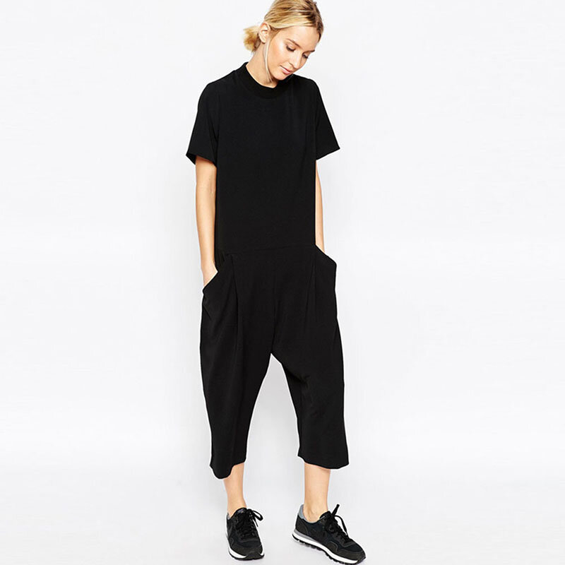 Black Casual Jumpsuit For Women Side Pocket Loose Fitting Body Feminino Jumpsuits Romper Overalls Pants Tracksuit