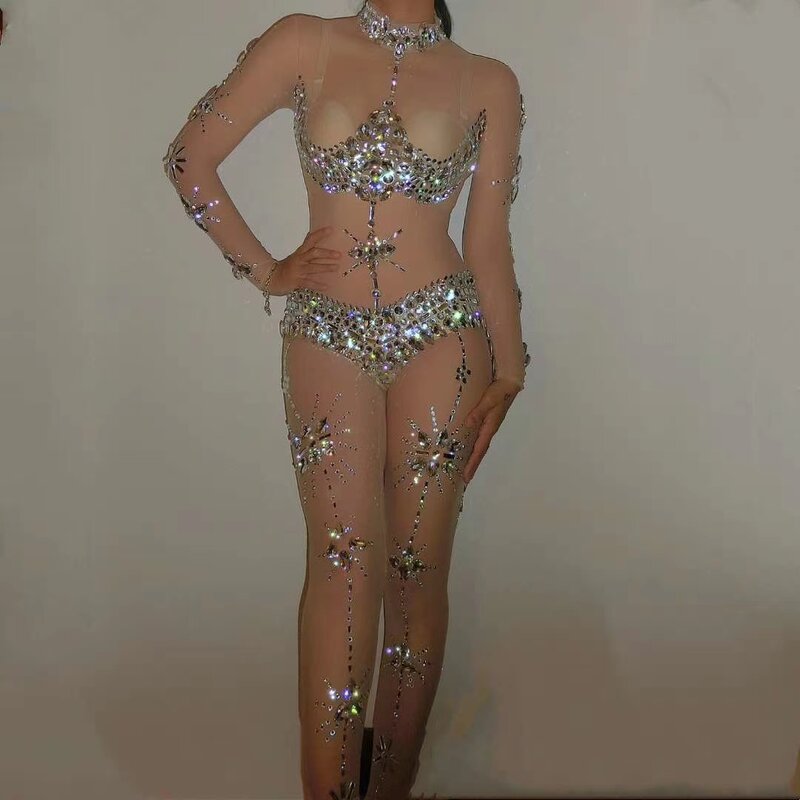 Tuta di cristallo prospettiva Sexy pagliaccetti di strass elasticizzati da donna tuta da festa trasparente discoteca cantante ballerino abbigliamento da palcoscenico