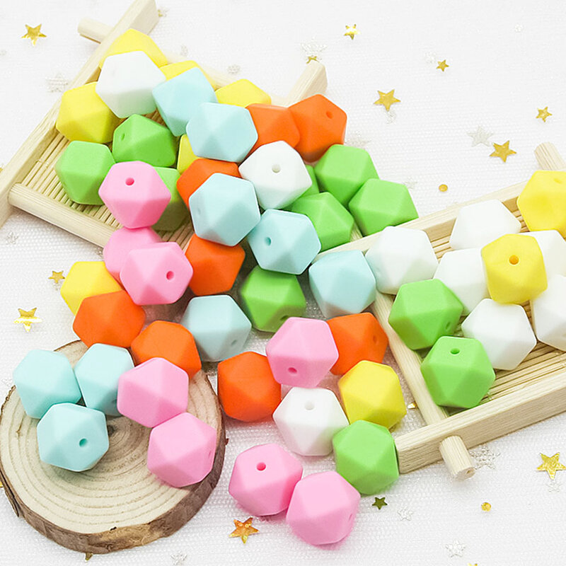 Mini collar hexagonal de cuentas de silicona para bebé, juguetes de dentición, grado alimenticio, mordedor sin BPA, joyería de silicona DIY, 14mm