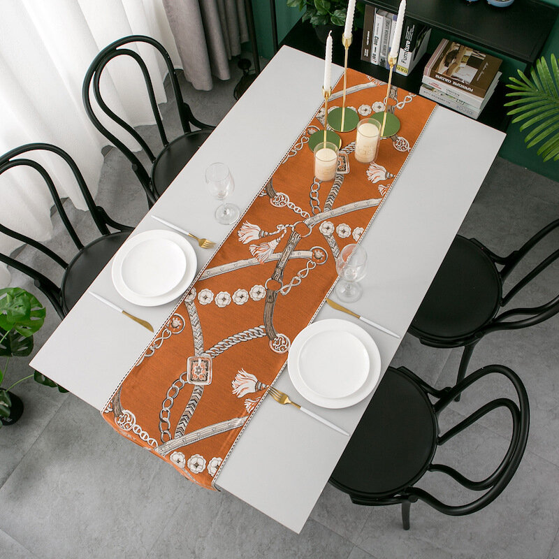 DUNXDECO Table Runner Dinner Party Long Table Cover Fabric Modern Simple Chain Jacquard Orange Green Garden Desk Decorating Mat