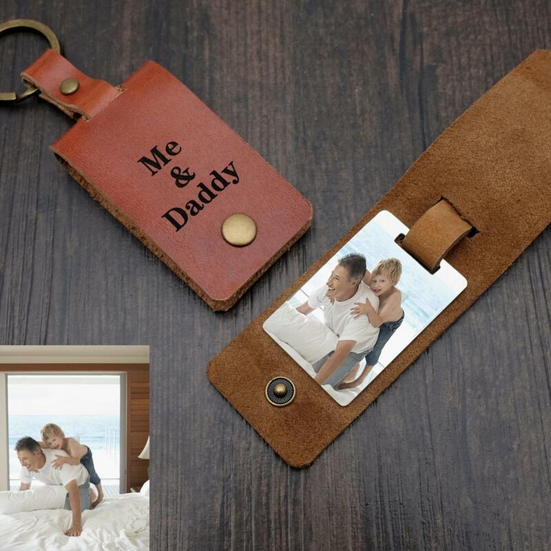 Personalised Photo Keyring in Leather Case,Personalized Leather Keychain,Photo Key Chain,Father's Day Birthday Gift for Dad Him