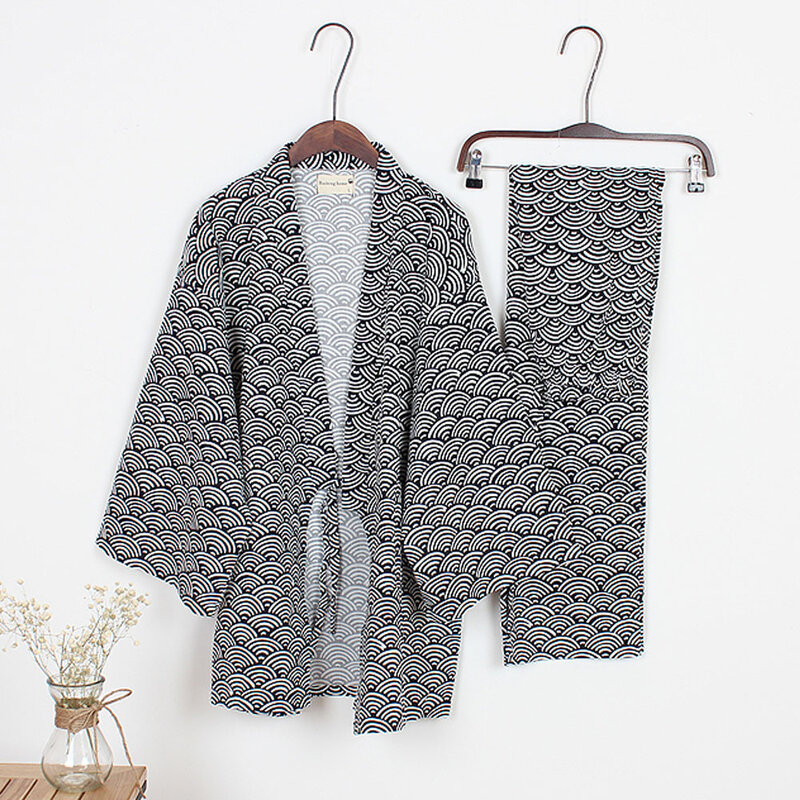 Plus Size Men Japanese Kimono Pajamas Cotton Casual Long-sleeve Trousers Home Service Two-piece Suit Comfortable Sleepwear