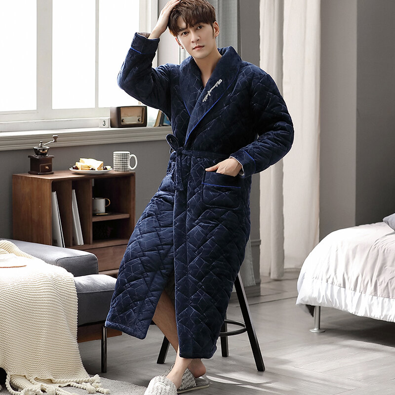 Mężczyźni geometryczne Kimono szlafrok zima flanelowa pikowana długa suknia gruba ciepła piżama Plus Size3XL koszula nocna mężczyzna dorywczo odzież domowa