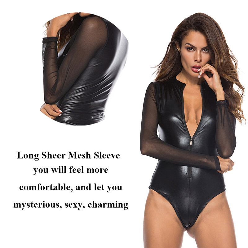 Long Sleeve Mesh Transparent Faux Leather Bodysuit Zipper Latex Wet Look Jumpsuit Clubwear Party PVC Catsuit