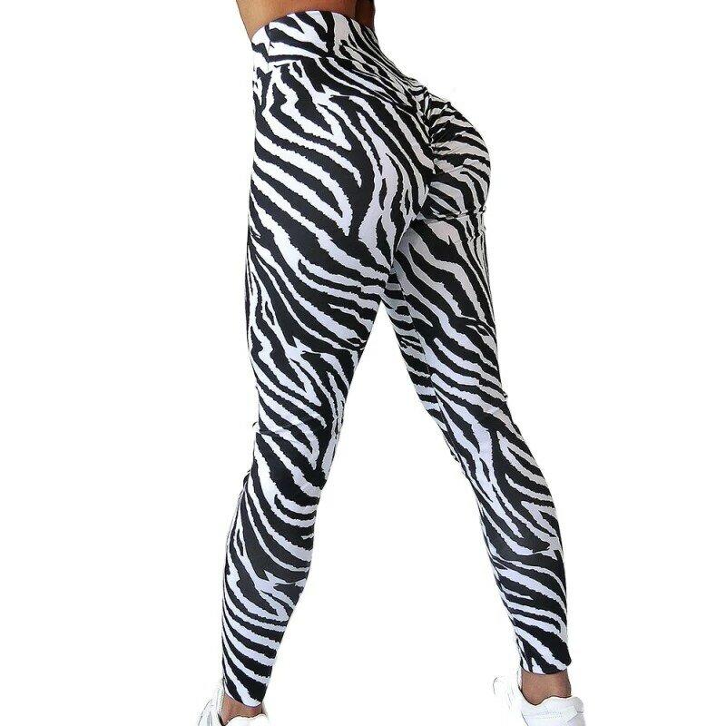 Calças de ioga elásticas estampadas Zebra para mulheres, calças justas de ginástica de cintura alta, leggings listrados, leggins esportivos fitness preto e branco
