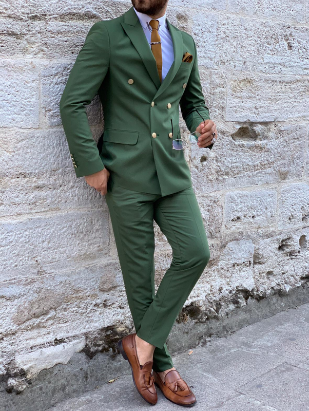 Groene Mannen Tuxedo Bruidegom Wear Suits Shawl Revers Slim Fit Hoge Kwaliteit Wedding Zaken Prom Party Kostuums 2 Stuks Pak (Jas + Broek)