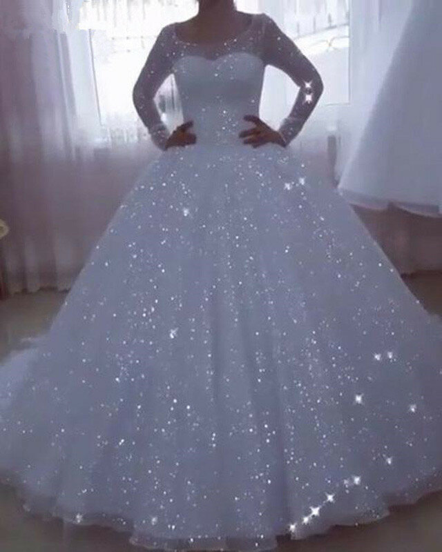 Vestido De Noiva Glittery suknie ślubne 2020 suknia z długim rękawem Plus rozmiar księżniczka suknie ślubne suknia dla panny młodej szata De Mariee