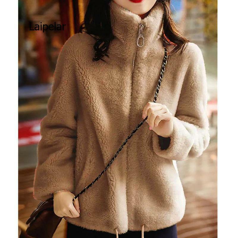 Mulheres jaqueta de pele do falso coreano grosso quente solto algodão harajuku vestuário coreano gótico moda inverno 2021