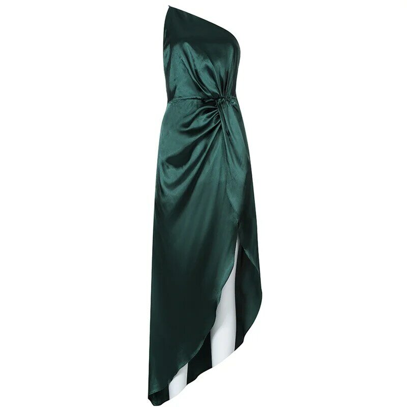 Женское модное повседневное однотонное приталенное асимметричное платье с косой горловиной, элегантные вечерние платья на одно плечо