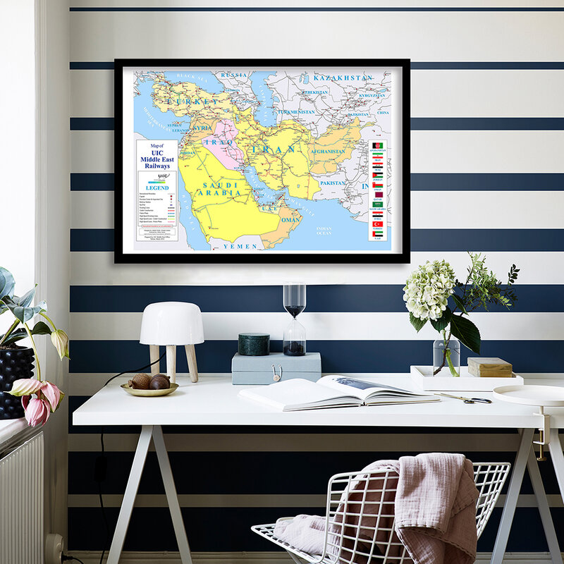 Mapa de ferrocarril de Oriente Medio, lienzo ecológico, Póster Artístico de pared, decoración del hogar, suministros escolares, 84x59cm