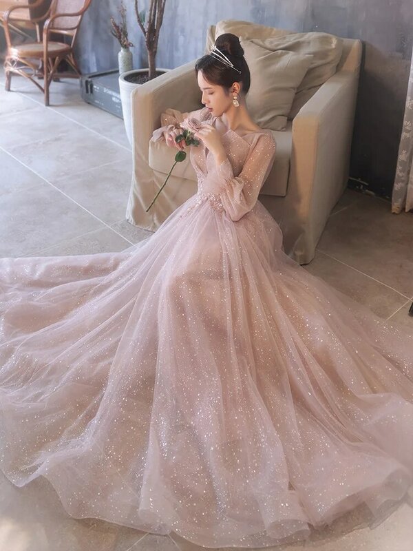 韓国スタイルの長袖Sweettheartpageantドレス女性の床の長さのスパンコールサッシレースAラインgracefulezeドレス