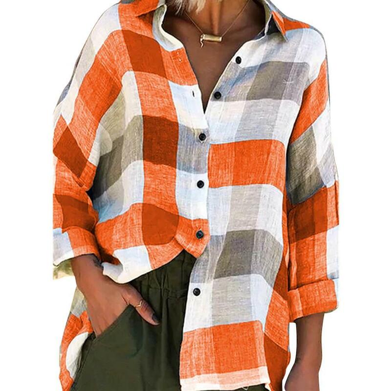 Koszula w kratę dla kobiet Moda w kratkę Casualowa koszula z długim rękawem Damska koszula z guzikami Odzież wierzchnia Kołnierzyk i bluzka damska