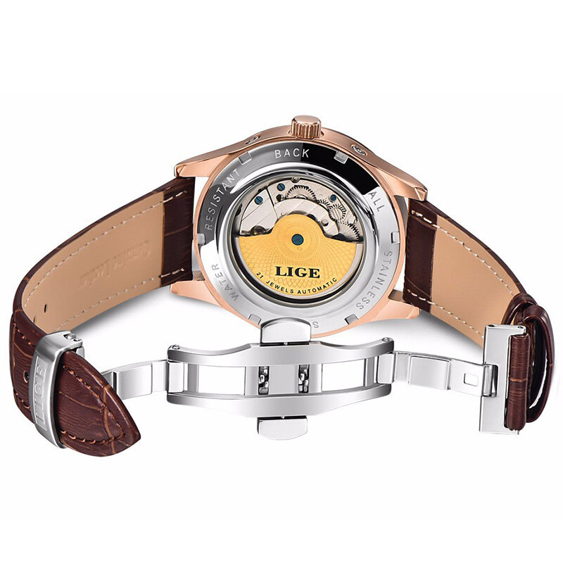 LIGE-새로운 남성 시계, 최고 브랜드 럭셔리 자동 기계식 시계, 남성 가죽 방수 시계, 주 시계 + 박스