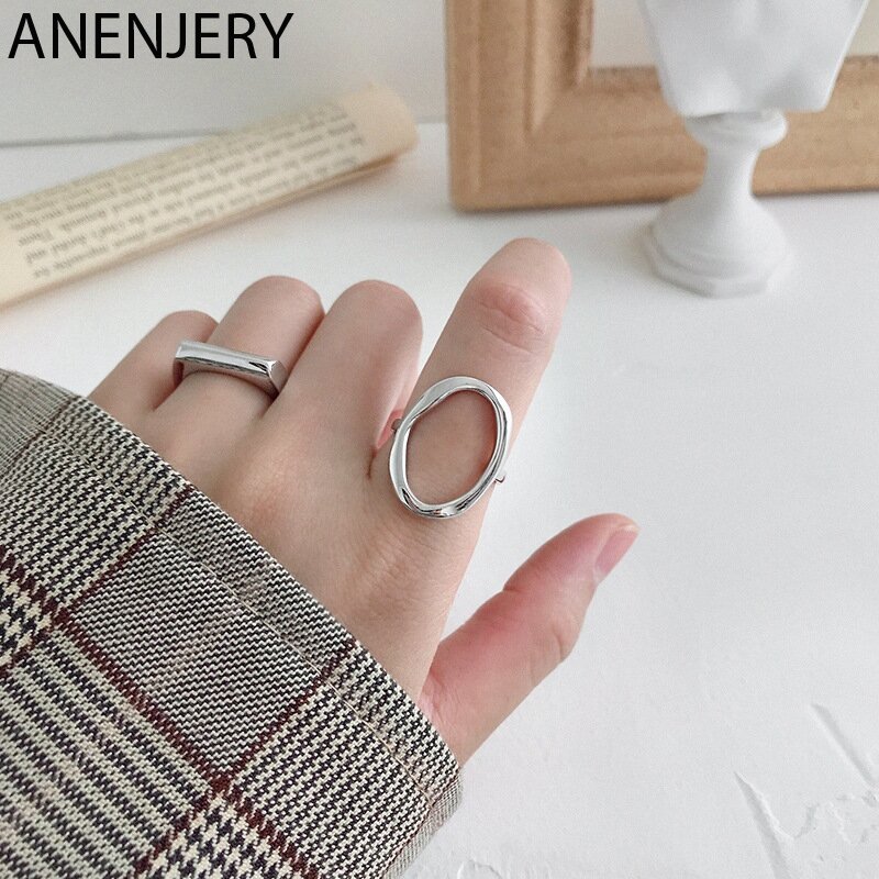 ANENJERY Minimalist Irregular Hollow Ellipse 925 Sterling Silver Geometric Open Finger Ring For Women S-R711