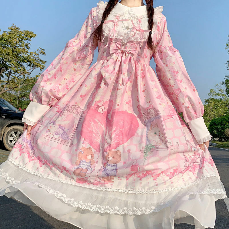 New Arrival Sweetheart Town OP Lolita Dress Soft Sisiter Bow Bear  Pink Dress Women Princess Dress Halloween Costume for Girls
