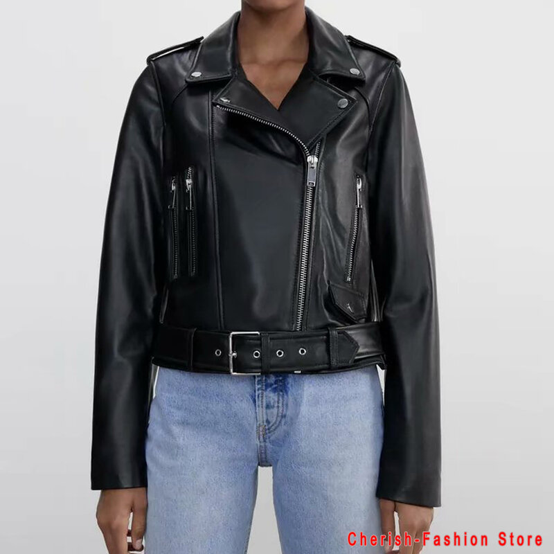 New Women Autumn Winter Black Faux Leather Jackets Zipper Basic Coat Turn-down Collar Motor Biker Jacket With Belt Tops Brand