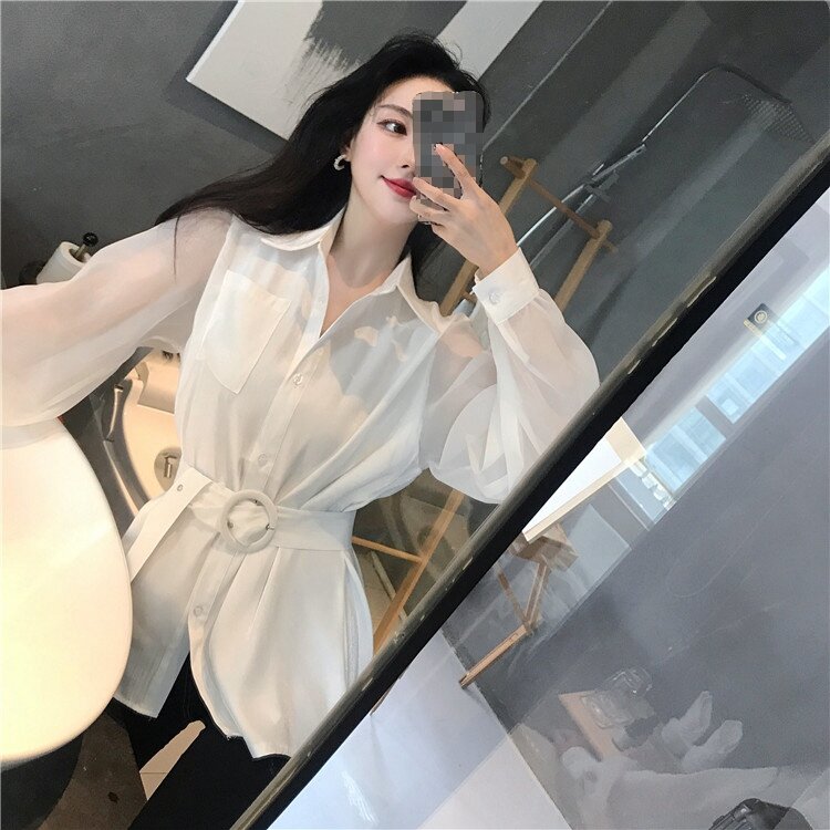 Модная Элегантная блузка, женское Повседневное платье мини с длинным прозрачным рукавом, деловая Простая рубашка с поясом, блузки