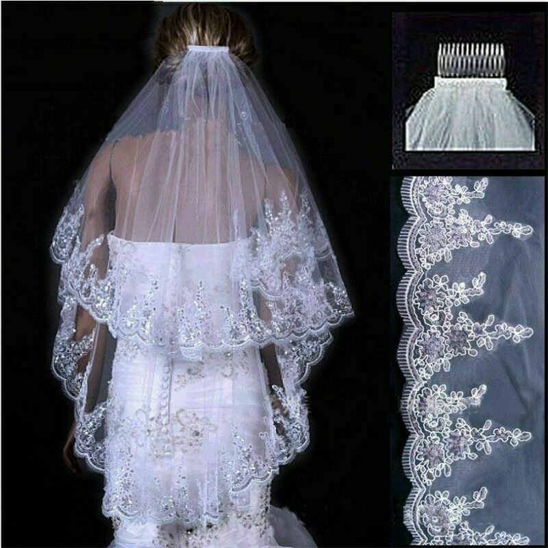 Wedding 2 Layer Lace Applique Edge Beads Rhinestones Bridal Veil