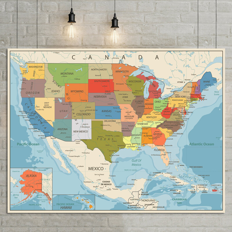 Póster de tamaño de mapa de los Estados Unidos, decoración de pared, mapa grande de los EE. UU., 80x60cm, versión en inglés