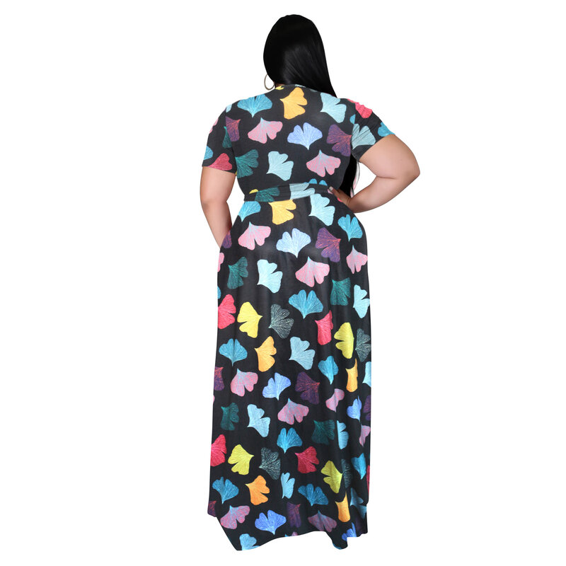 여성 의류 캐주얼 드레스 플러스 사이즈 2021 가을 v넥 스플릿 반팔 드레스, 보헤미안 비치 프린트 대형 스윙 롱 드레스