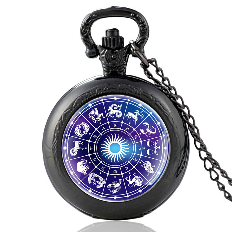 Классические кварцевые карманные часы с кабошоном из астрологического стекла с двенадцатью созвездиями, винтажные мужские и женские часы с подвеской на цепочке и ожерельем, часы