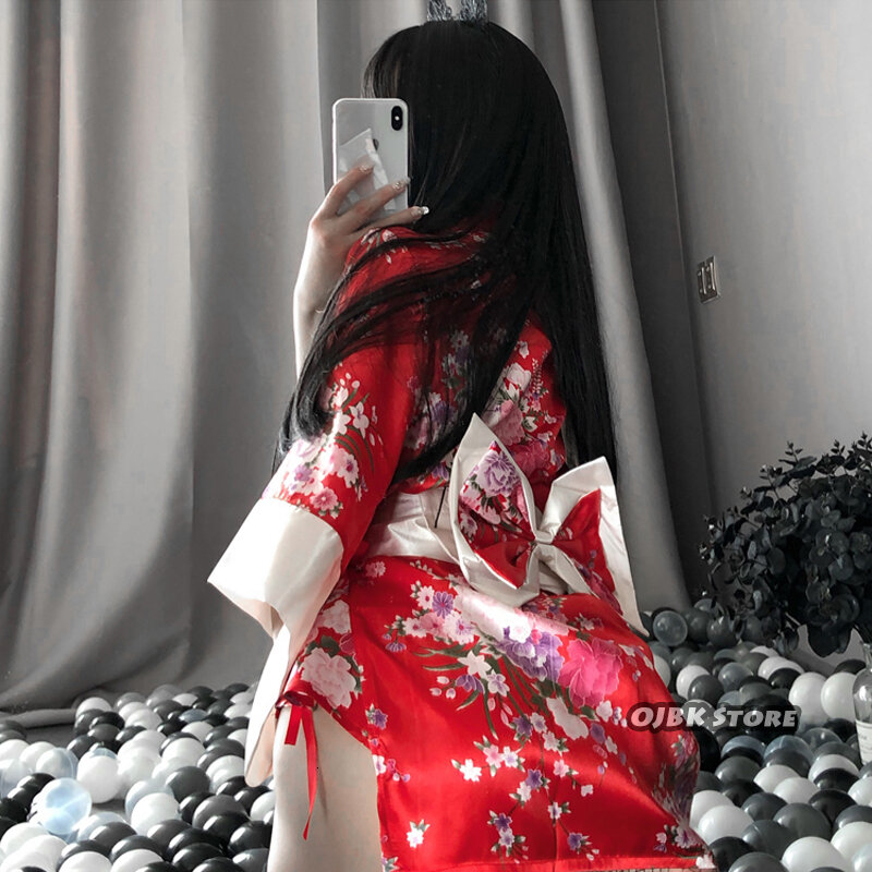 Japanese Kimono Sexy Cosplay Outfit Women Traditional Bathrobe Yukata Costumes Pajamas Soft Silk Belt Lingerie Set Black Red New
