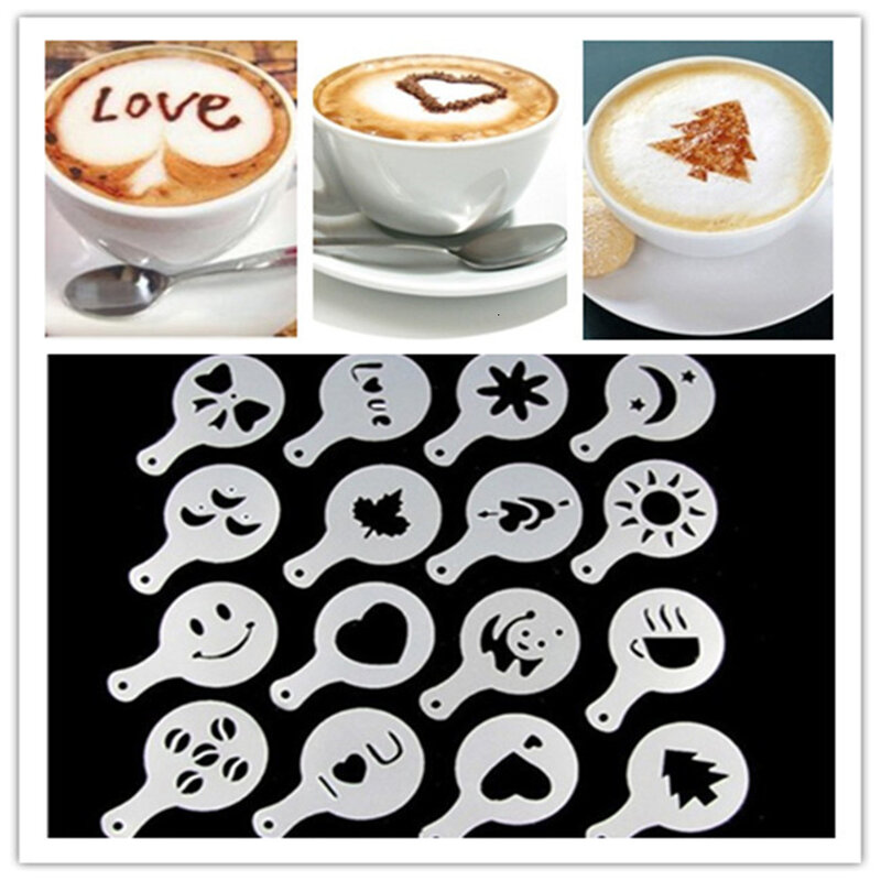 16 pezzi di Plastica Stampo Caffè Barista Art Stencil Latte CakeCupcake Decor Barista Stencil Template Mold Cospargere Pad Duster Spray Strumento