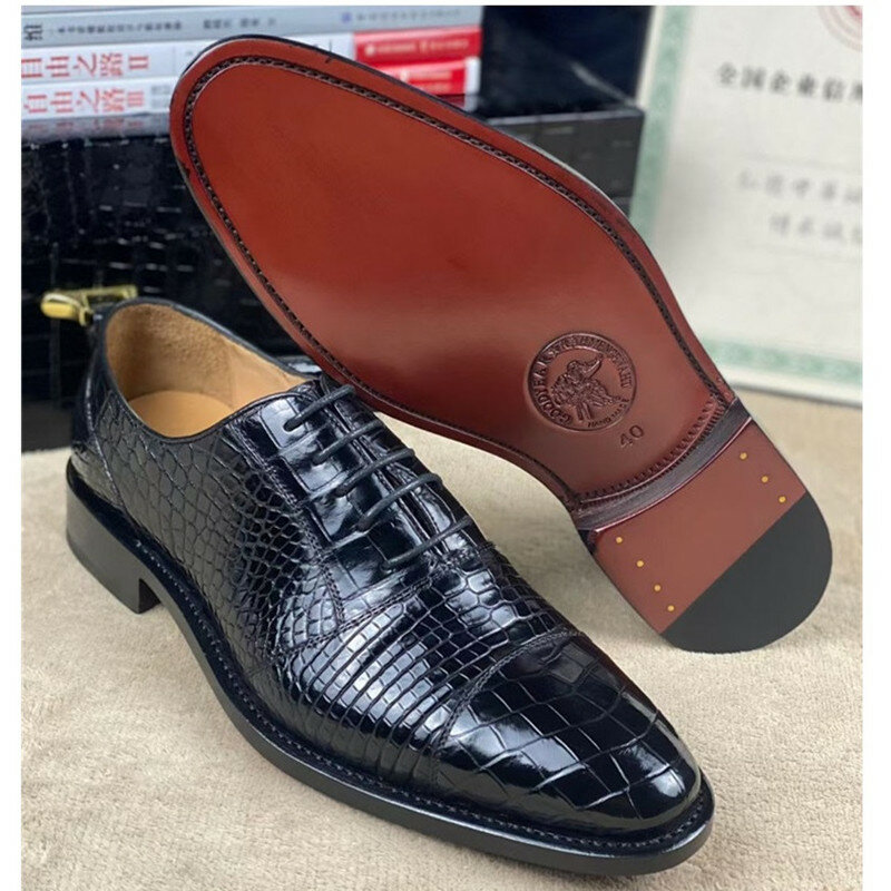 Oxfords – chaussures en cuir d'alligator authentique et exotique pour homme, chaussures habillées à lacets, faites à la main, noires