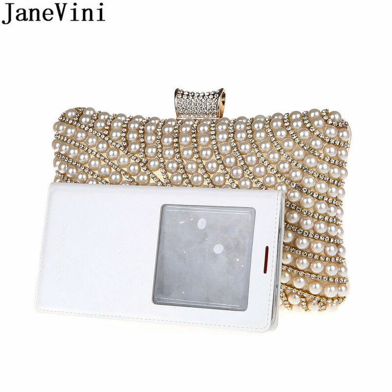 JaneVini Designer Pearls Ladies Clutch Bag Women Evening Party Purse Luxury Bling Rhinestone Gold Black Bridal Bead Evening Bags