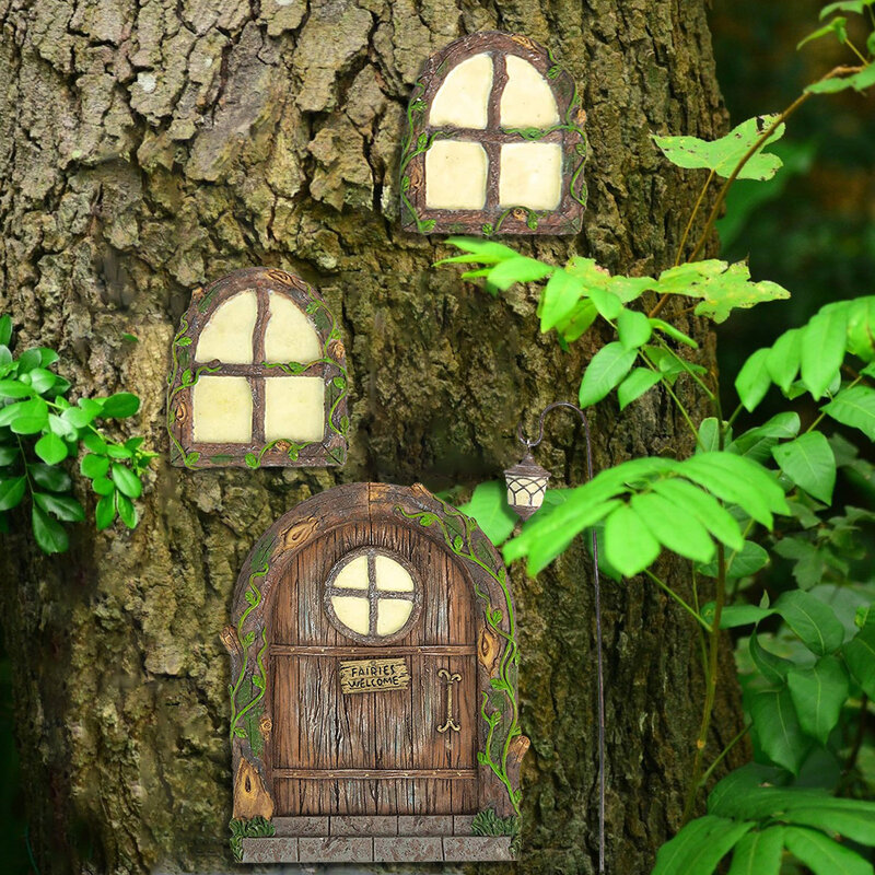 Sculpture de jardin pour enfants, portes et fenêtres, féeriques, en gomme, décoration d'extérieur