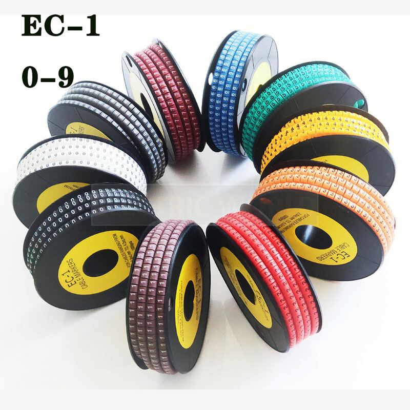 色付きケーブル絶縁PVCワイヤーオーガナイザー、マーカー、ラベルマーク番号0〜9、EC-1、1000個、EC-0、EC-1