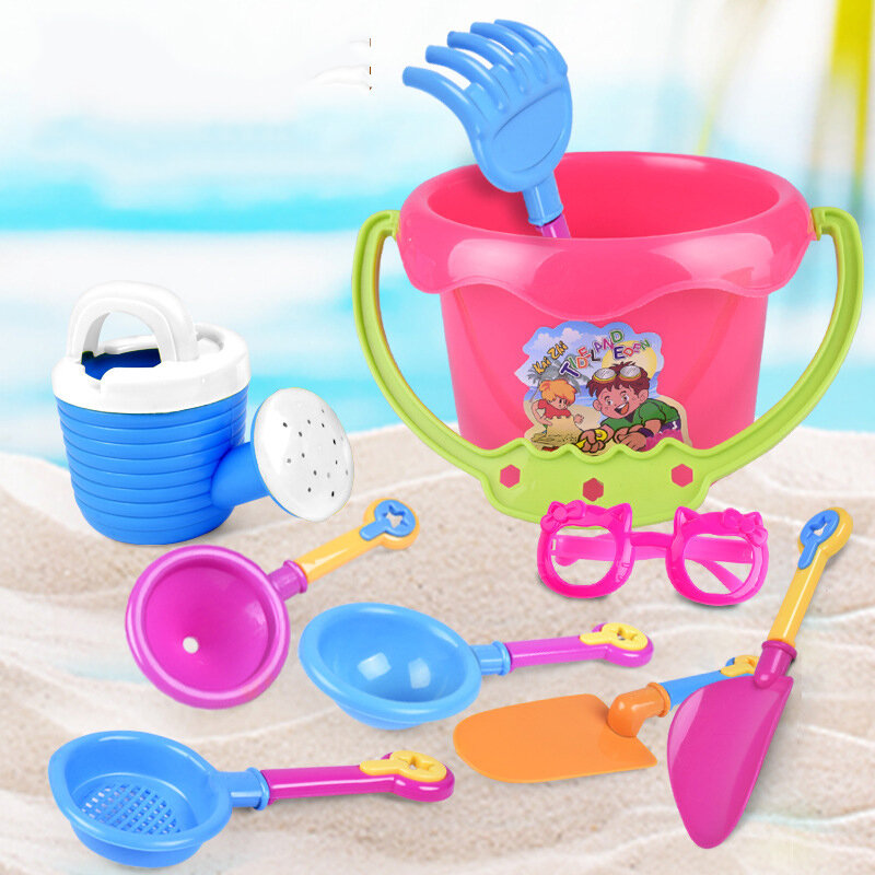 Brinquedos de praia e areia 9 para áreas externas, ferramentas para crianças para o verão, brinquedos de praia, colher de balde, óculos de sol, pá de vidro de areia, aspersor