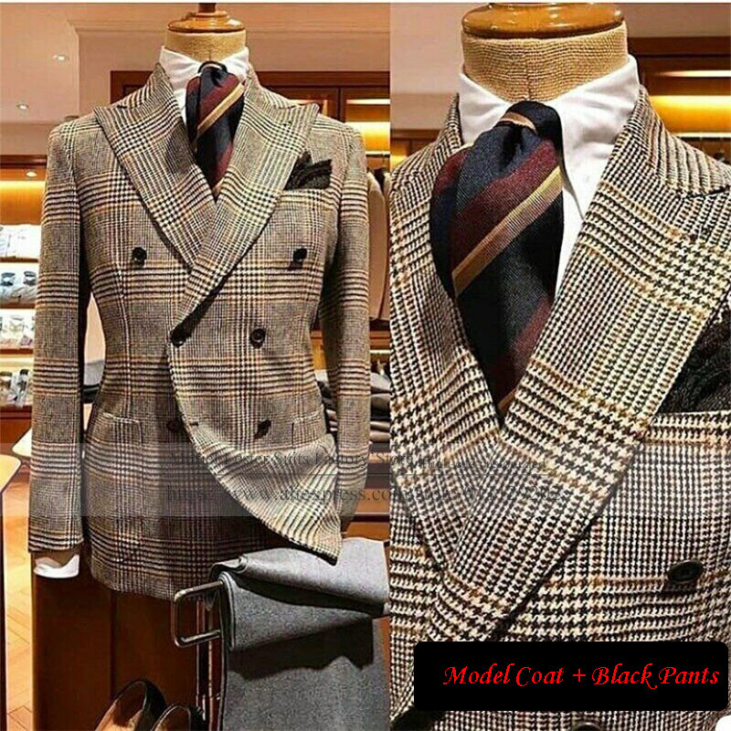 Ternos de lã Houndstooth masculino de Tweed, jaqueta de lapela larga, casaco trespassado, blazer de negócios, vestidos de casamento, 2 peças
