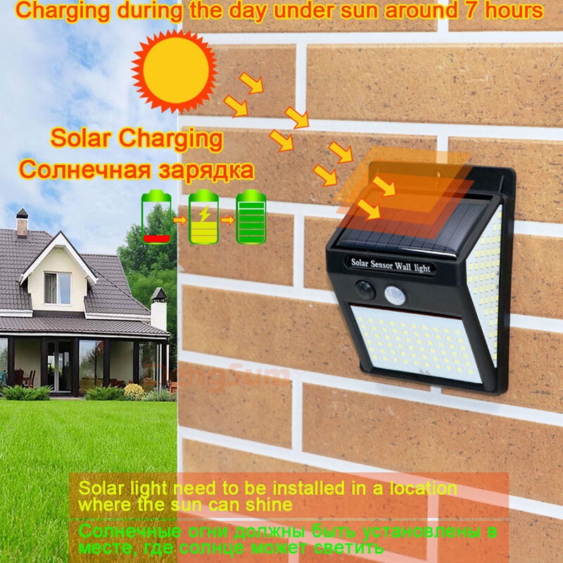 Applique murale à induction solaire avec détecteur de mouvement PIR, lampadaire à énergie solaire, 3 côtés, 140LED, contrôle de la lumière du soleil, cour, chemin, maison, jardin