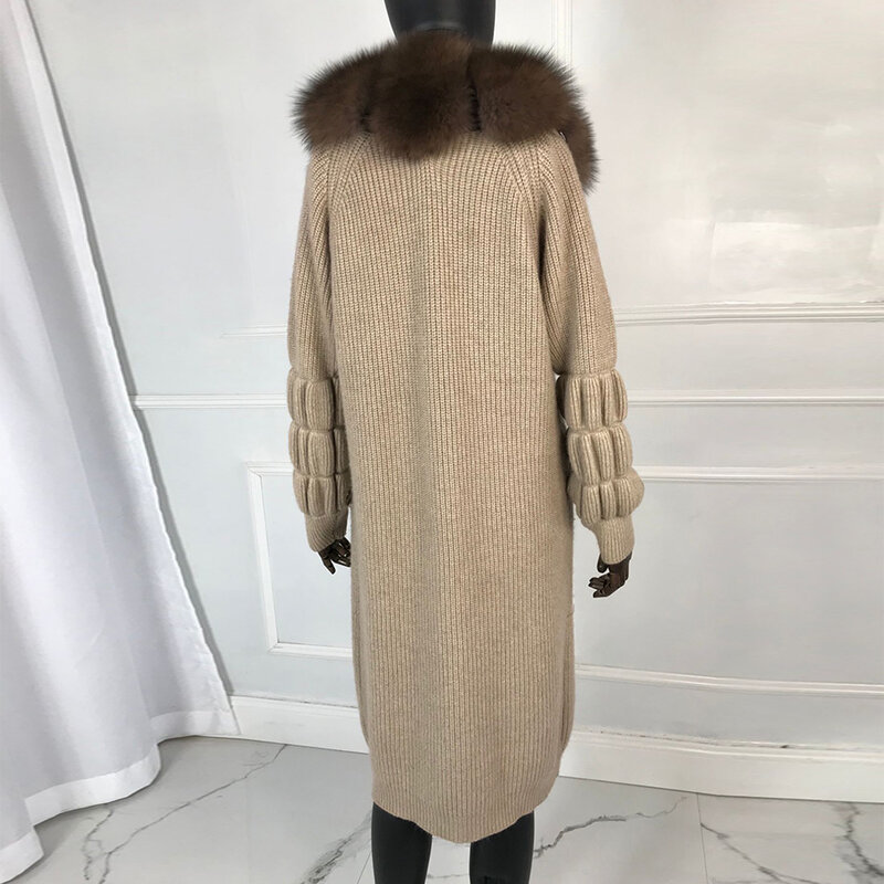 Cardigan en laine et cachemire pour femme, pull tricoté, avec capuche en vraie fourrure de renard, collection automne et hiver