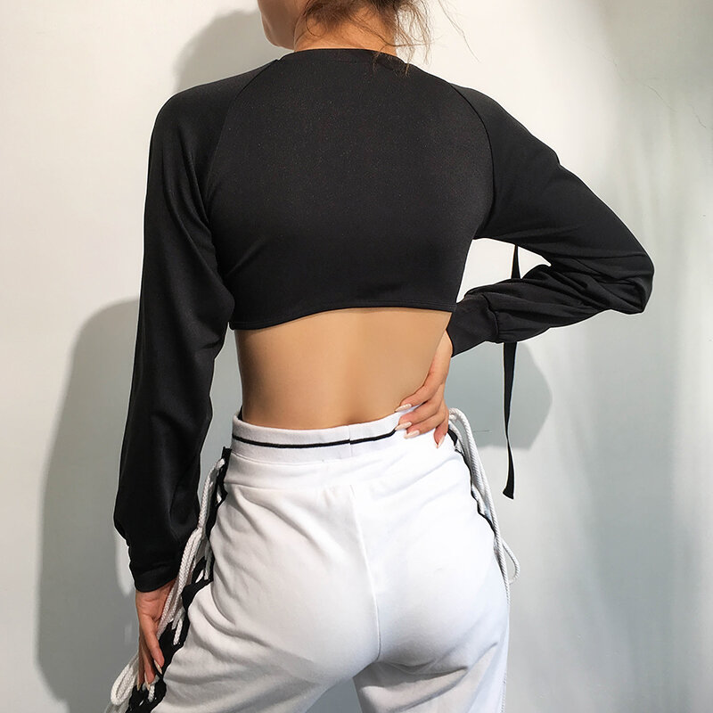 Odblaskowe czarne seksowne Body drążą damskie kombinezony z długim rękawem jesień Harajuku Backless Body kobiety Streetwear