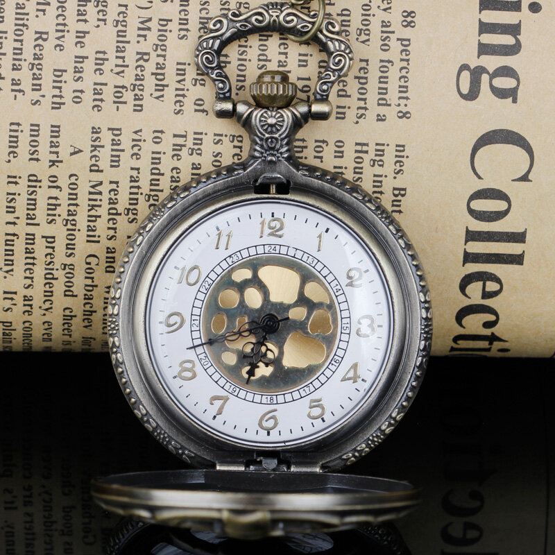 Мужские карманные часы с ребрами позвоночника, полый дизайн, бронзовый циферблат, белый циферблат, цепочка-брелок, кварцевые карманные часы