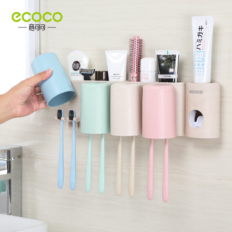 ECOCO ชุดเก็บ Wall-Mount ฟางข้าวสาลี2/3/4ถ้วยผู้ถือแปรงสีฟันคู่ครอบครัวแปรงสีฟันยาสีฟันถ้วยอุปกรณ์ห้องน้ำ