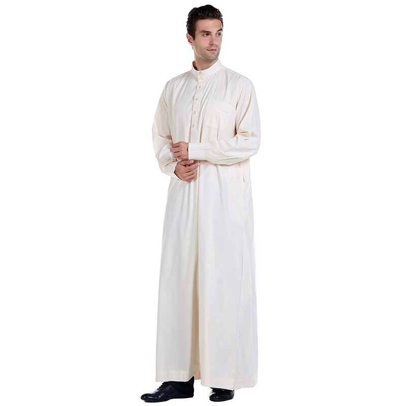 Men Qatar Muslim Moroccan Islamic Style Black Cotton Linen Long-Sleeved Stand-Up Collar Plus Size Arabian Robe Men Worship Robe