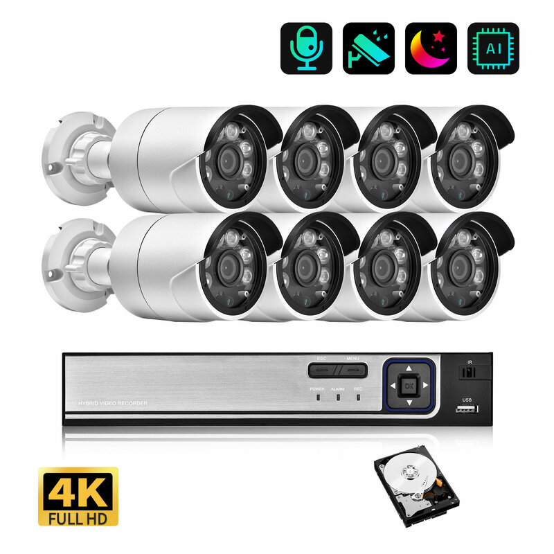 4K Ultra HD 8MP Kamera Keamanan Sistem Deteksi Gerakan Warna Penglihatan Malam 8CH POE NVR Kamera Video Pengintai P2P IP