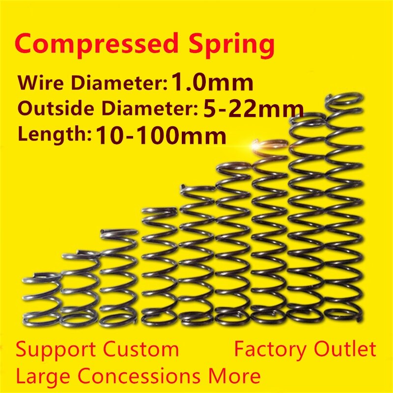 10 Uds. De diámetro de alambre, 1,0mm, 65Mn, bobina cilidrica de compresión, Micro resorte de retorno pequeño, resorte de presión comprimido, longitud de acero de 10-100mm