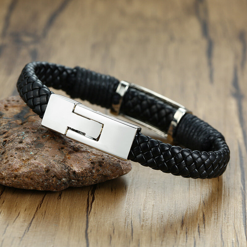 Vnox Men's Black Braided Leather Bracelets with Personalize Engrave Custom Gifts for Him Jewelry
