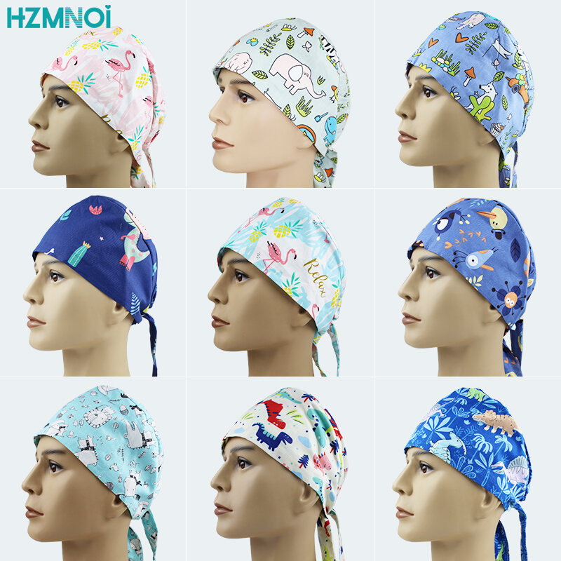 The new operating room hat mask doctor nurse nurse cap cotton men and women pharmacy cap printing breathable cotton adjustable