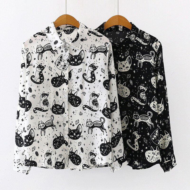 ผู้หญิง Harajuku เสื้อลูกแมวพิมพ์ฤดูใบไม้ร่วงเสื้อแขนยาวและเสื้อสตรีสำนักงานเลดี้แขนยาวสีดำสีขาวเสื้อ